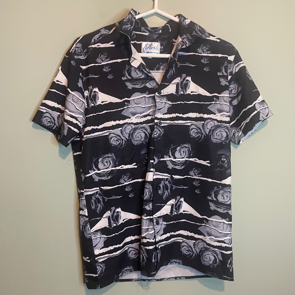 Fresh Mens Vacation Boho Beach‎ Dark Floral Hawaiian Button Up Shirt Black Small